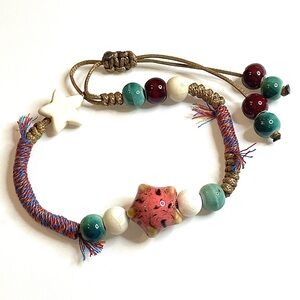 2 Star Bracelet Orange Teal White ceramic beaded Cord Adjustable